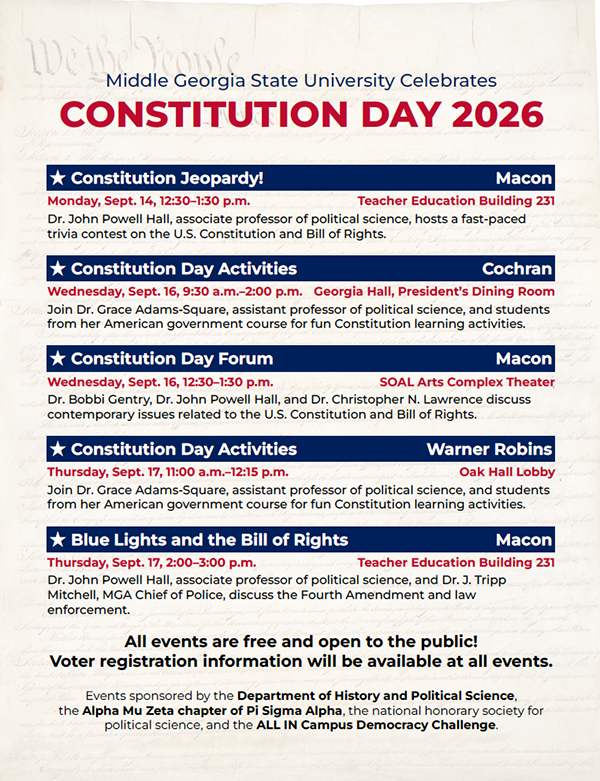 Flyer for Middle Georgia State University Constitution Day 2026 event series, September 14–17, featuring times and locations for Macon, Cochran, and Warner Robins campuses.